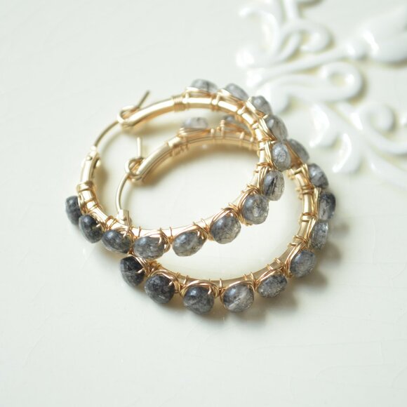 Black Rutilated Quartz Wire Wrapped Gold Hoops - Picture 4 of 11